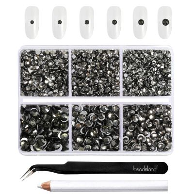 Beadsland 4300pcs Flatback Rhinestones,Gray Rhinestone Nail Gems Round Crystal Rhinestones for Crafts,Mixed 6 Sizes with Picking Tweezers and Wax Pencil Kit, SS6-SS20,Black Diamond