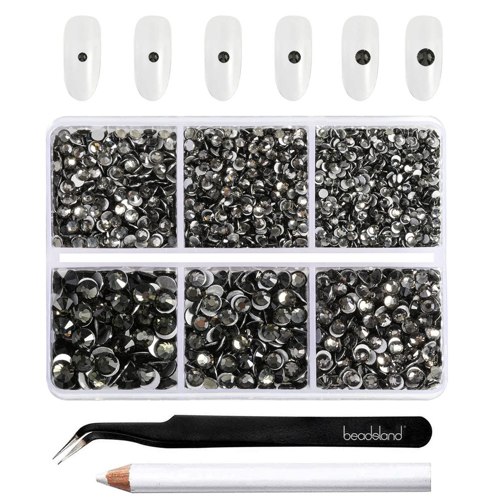 Beadsland 4300pcs Flatback Rhinestones,Gray Rhinestone Nail Gems Round Crystal Rhinestones for Crafts,Mixed 6 Sizes with Picking Tweezers and Wax Pencil Kit, SS6-SS20,Black Diamond