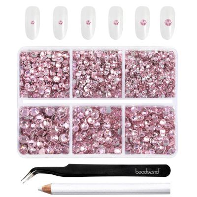 Beadsland 4300pcs Flatback Rhinestones,Pink Rhinestone Nail Gems Round Crystal Rhinestones for Crafts,Mixed 6 Sizes with Picking Tweezers and Wax Pencil Kit, SS6-SS20,Light Rose/Light Pink
