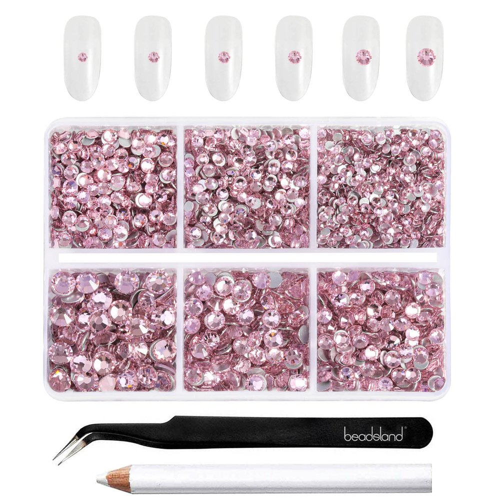 Beadsland 4300pcs Flatback Rhinestones,Pink Rhinestone Nail Gems Round Crystal Rhinestones for Crafts,Mixed 6 Sizes with Picking Tweezers and Wax Pencil Kit, SS6-SS20,Light Rose/Light Pink