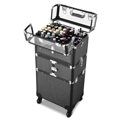 BYOOTIQUE 2in1 Nail Polish Organizer Rolling Makeup Train Case Manicure Cosmetic Trolley Travel Organizer Nail Case with Clear Lid Extendable Trays 4 removable wheels 54 Slots (Black)