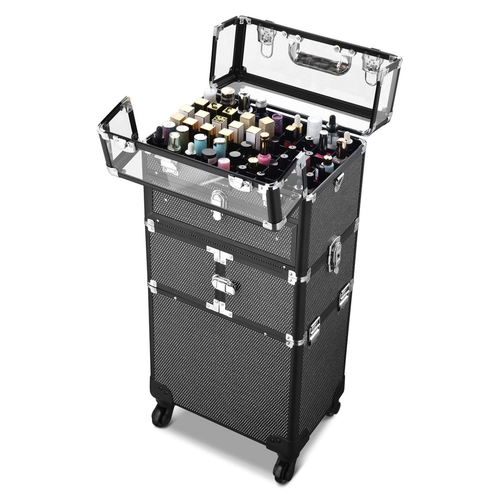 BYOOTIQUE 2in1 Nail Polish Organizer Rolling Makeup Train Case Manicure Cosmetic Trolley Travel Organizer Nail Case with Clear Lid Extendable Trays 4 removable wheels 54 Slots (Black)