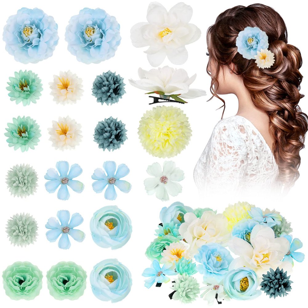 BBTO 21 Pcs Flower Hair Clip Rose Hair Clips Barrettes for Women Flower Accessories Boho Bride Claw Clip Hairpin Brooch Pin Headpiece for Wedding(Blue)