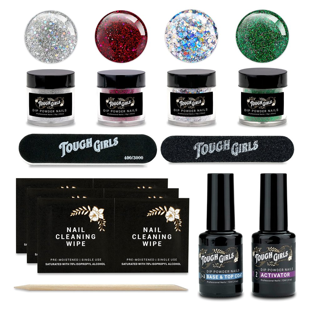 TOUGH GIRLS | 4-Pack Dip Powder Kit | Includes Dip Powders, Base & Top Coat, Activator, Cuticle Stick, Nail File, & Nail Wipes (4-Pack Kit Color Combo 7)