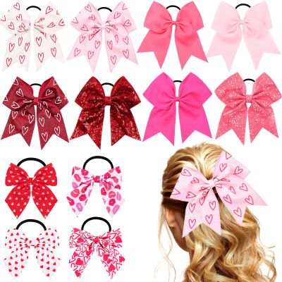 12 Pcs Valentine's Day Girls Hair Bows Pink Large Bow Cheerleading Bows Love Cheer Hair Ties Cheerleader Ponytail Holder for Dance Practice Football Games Competition, 2 Sizes