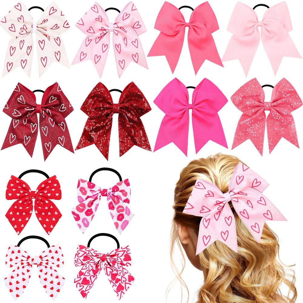 12 Pcs Valentine's Day Girls Hair Bows Pink Large Bow Cheerleading Bows Love Cheer Hair Ties Cheerleader Ponytail Holder for Dance Practice Football Games Competition, 2 Sizes
