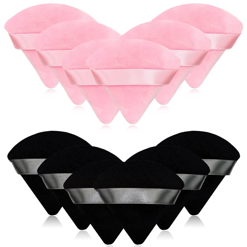12 Pieces Cosmetic Powder Puff,2.76 inch Portable Soft Sponge Setting Face Puffs,Triangle Velvet Powder Puff with Ribbon Band Handle for Loose Powder Body Powder Makeup Tool(Black,Pink)