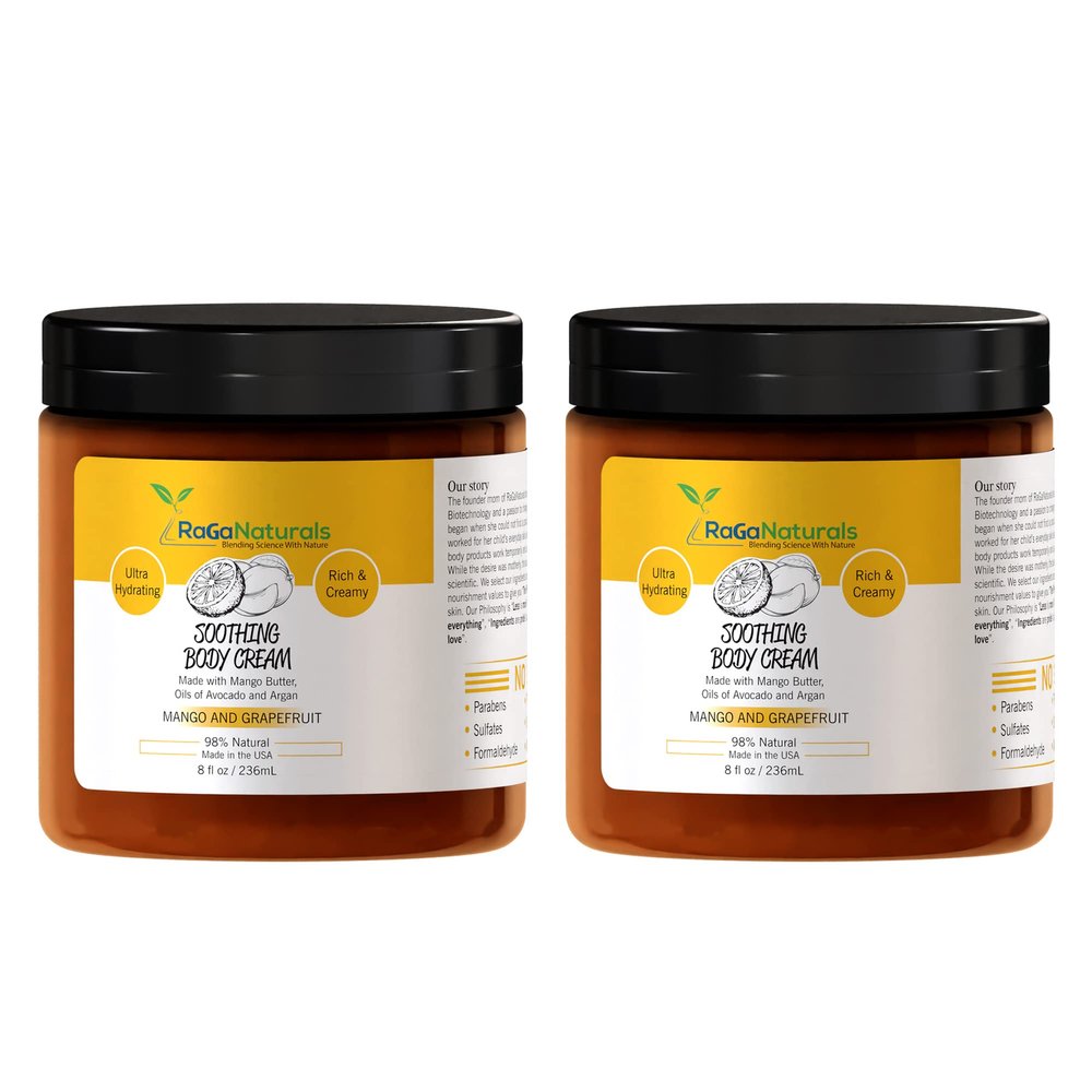RaGaNaturals Tropical Bliss Hand and Body Cream, Mango Butter Body Cream with Argan and Avocado Oil - Plant Based, All Natural, Women, Men, Babies and Kids - 8 Fl Oz, Pack of 2