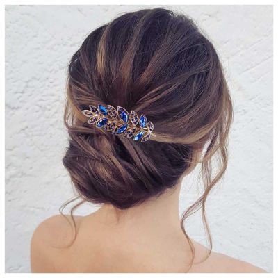 Andelaisi Wedding Rhinestone Leaf Hairclips Barrette Crystal CZ Hair Barrettes Blue Crystal Leaf Barrette Head Clips Vintage Cz Hairclips Decorative Headwear Bride Hair Accessories for Women Headdress