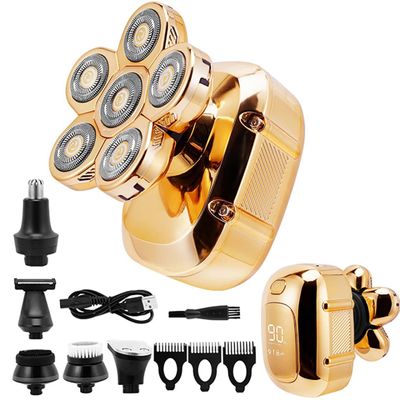 Head Shavers for Bald Men, 6 in 1 Cutter Clipper Shaver For Men 6 Floating Head Waterproof Electric Razor Multifunction LCD Display Rechargeable Trimmer (Color : Golden)
