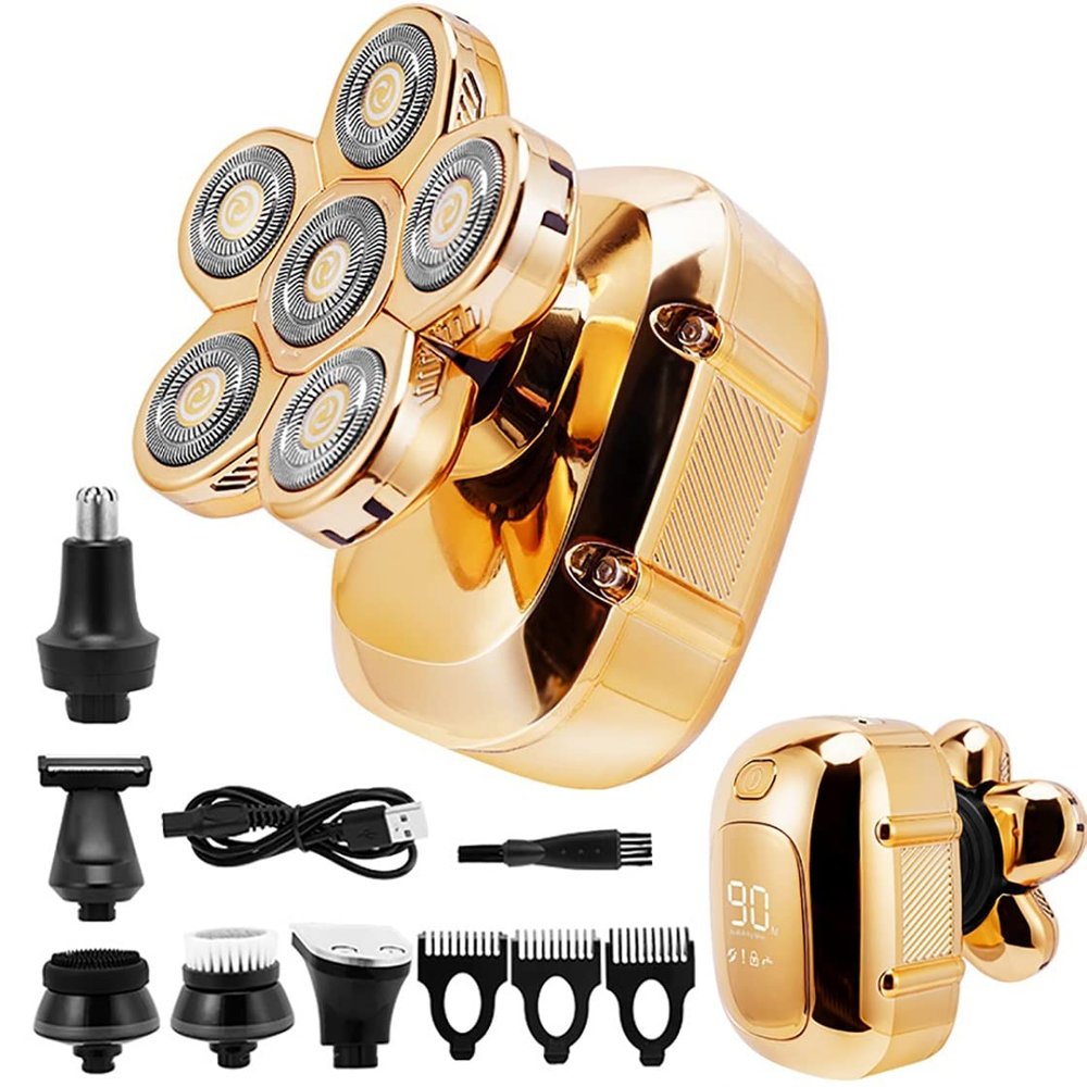 Head Shavers for Bald Men, 6 in 1 Cutter Clipper Shaver For Men 6 Floating Head Waterproof Electric Razor Multifunction LCD Display Rechargeable Trimmer (Color : Golden)