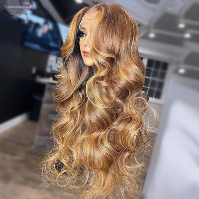 100% Brazillian Human Hair Wig Transparent 13x6 HD Lace Front Wigs for Black Women Body Wave Ombre Highlight Brown with Honey Blonde Color 180% Density Pre Plucked Hailine and Bleached Knots by Aorbige (18Inch, 13x6 Lace Front Wig)
