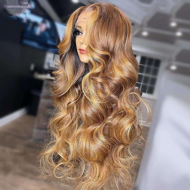 100% Brazillian Human Hair Wig Transparent 13x6 HD Lace Front Wigs for Black Women Body Wave Ombre Highlight Brown with Honey Blonde Color 180% Density Pre Plucked Hailine and Bleached Knots by Aorbige (18Inch, 13x6 Lace Front Wig)