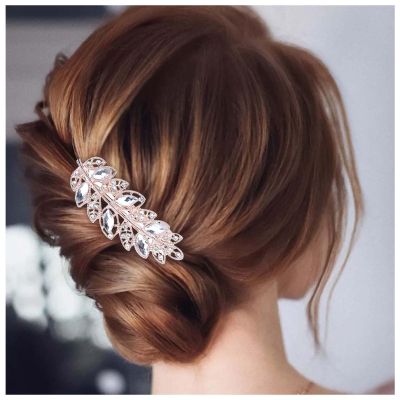 Andelaisi Wedding Rhinestone Leaf Hairclips Barrette Crystal CZ Hair Barrettes Gold Crystal Leaf Barrette Head Clips Vintage Cz Hairclips Decorative Headwear Bride Hair Accessories for Women Headdress