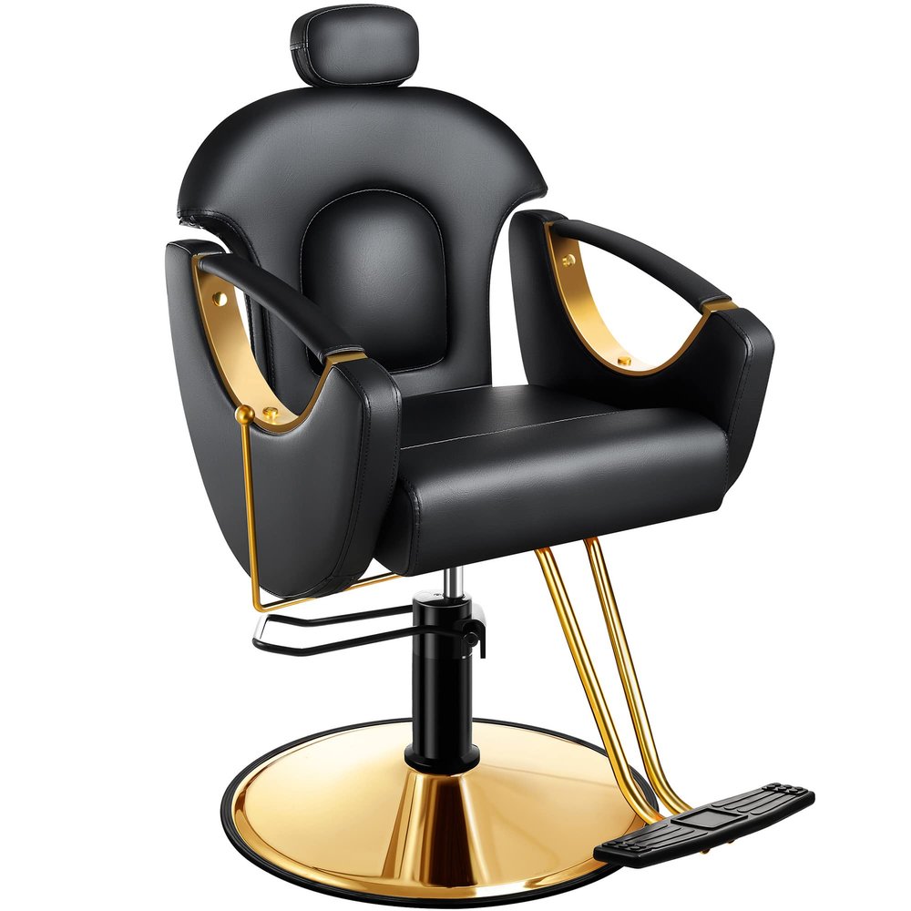 Baasha Ergonomic Reclining Hair Salon Chair, Gold Styling, Removable Headrest, 360 Swivel, Black