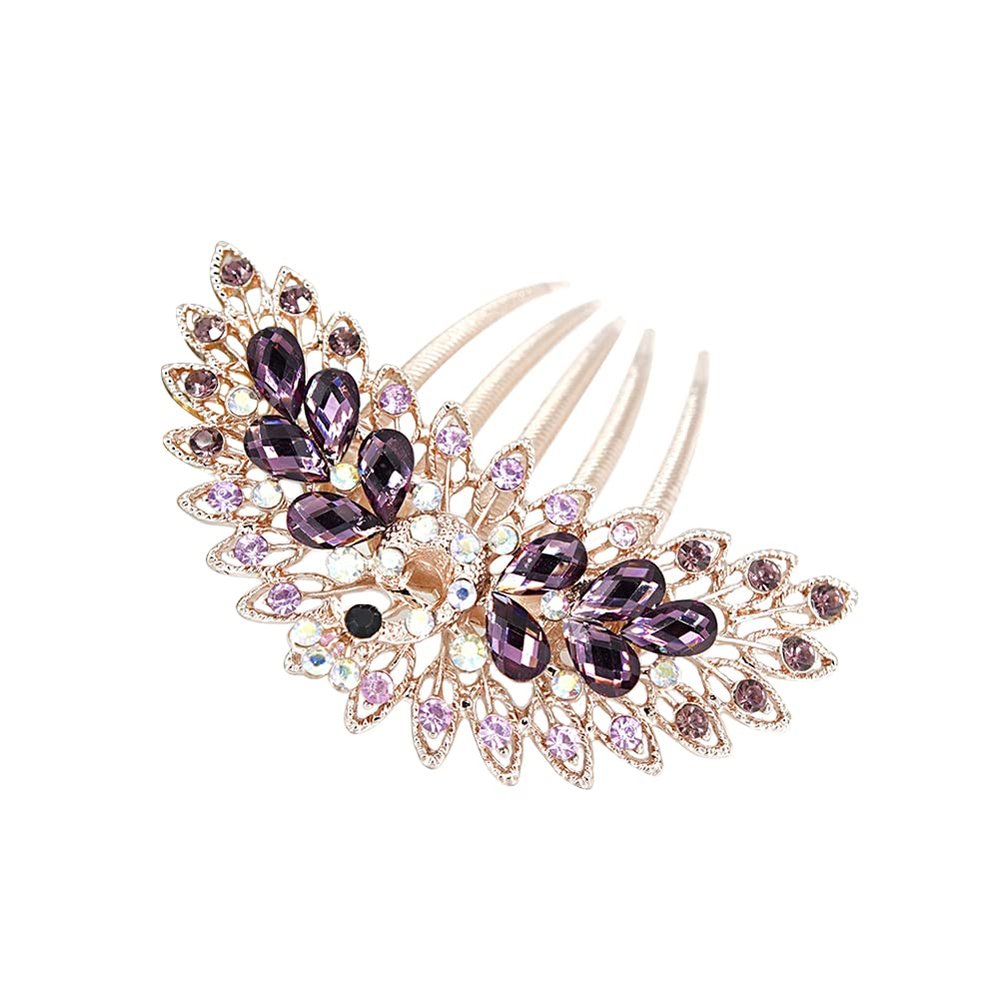 1 PCS Peacock Hair Combs Pearl Crystal Bridal Women and Girls Hair Side Combs Rhinestone Hair Clip Accessories for Bride Bridal Wedding Party Decoration (Purple)