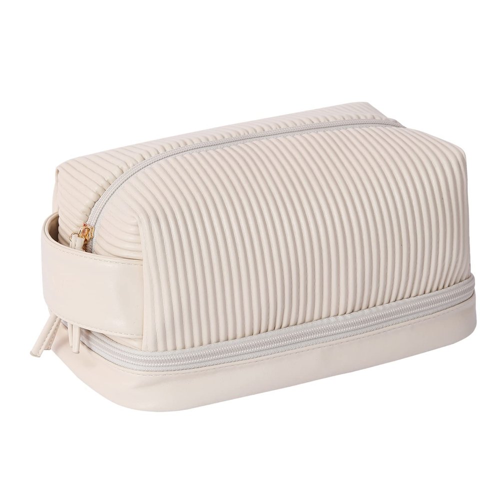 bagINBAG QIANPA Double Layer Makeup Bag, Large Travel Cosmetic Bag with Handle, Waterproof Organizer Pouch with Brush Compartment for Women(Cream)