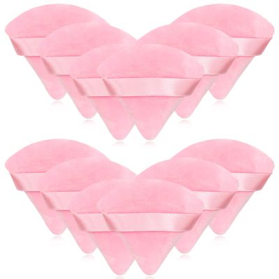 12 Pieces Pink Cosmetic Powder Puff,2.76 inch Portable Soft Sponge Setting Face Puffs,Triangle Velvet Powder Puff with Ribbon Band Handle for Loose Powder Body Powder Makeup Tool