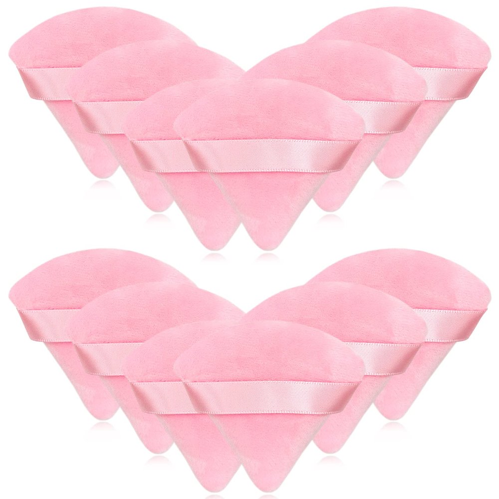 12 Pieces Pink Cosmetic Powder Puff,2.76 inch Portable Soft Sponge Setting Face Puffs,Triangle Velvet Powder Puff with Ribbon Band Handle for Loose Powder Body Powder Makeup Tool