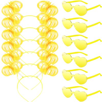 12 Pcs Pom Pom Headband Tinsel Wrapped Ponytail Headband with Heart Sunglasses Costume Halloween Cosplay Hair Party Accessory(Yellow)