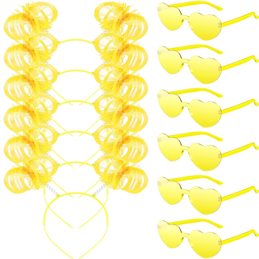 12 Pcs Pom Pom Headband Tinsel Wrapped Ponytail Headband with Heart Sunglasses Costume Halloween Cosplay Hair Party Accessory(Yellow)