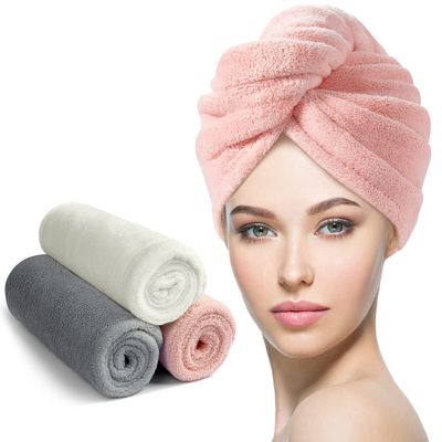 YFONG 3 Pack Microfiber Hair Towel Wrap for Women Girls, Super Absorbent Turban Towels for Drying Wet Hair, Anti Frizz Head Towels for Curly All Hair Style, Turbie Twist (Pink,White, Gray)