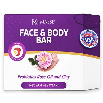 MASSE' Face & Body Bar - Probiotic with Rose Oil & Clay Infused cleansing body bar with Coleus, Vitex Berry Extracts - For Men and Women - Ideal for Gentle Wash, Bath, and Cleansing
