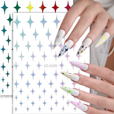 12 Colors Stars Nail Art Stickers, 3D Stars Self-Adhesive Sticker Design, Laser Gold Silver Red Black White Pink Yellow Green Four-Pointed Star Nail Transfer Decals for Women Manicure Decorations