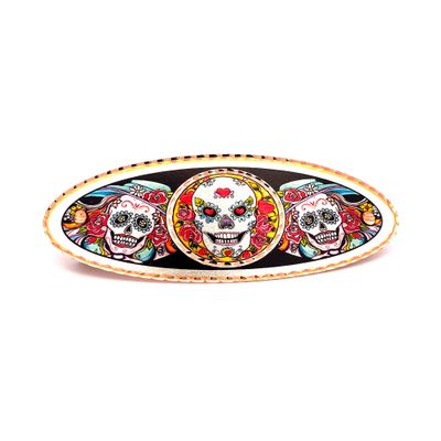 Colorful Sugar Skull Hair Barrette  Artisan Handmade Copper Day of the Dead French Clip for Women | No-Slip Grip Oval Hair Accessory HY-135 by FRONT LINE JEWELRY