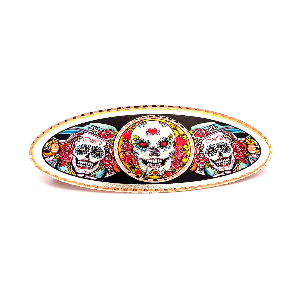 Colorful Sugar Skull Hair Barrette  Artisan Handmade Copper Day of the Dead French Clip for Women | No-Slip Grip Oval Hair Accessory HY-135 by FRONT LINE JEWELRY
