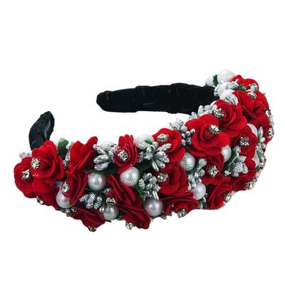 Youllyuu Handmade Hairband Shining Pearl Crystal Beaded Flower Catwalk Headband Hair Accessories Bridal Headwear Red