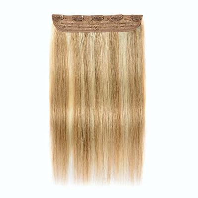 100% Real Human Hair - One Piece 3/4 Full Head Brown Highlights Hair Pieces 70gram for Women?Clip in Hair Extensions, (16inch)