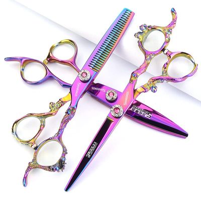 6 inch 440c purple professional hairdressing scissors barber shop hairdresser hair cutting and thinning tool (Full set) (6 inch 3PC-A)