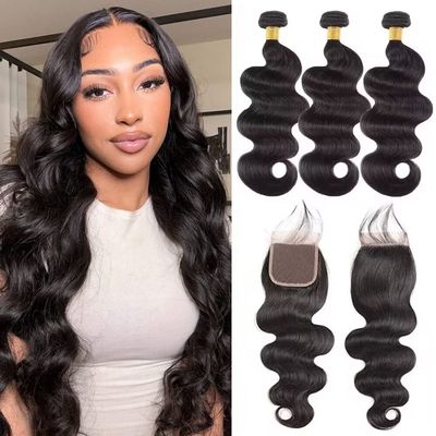 10A Brazilian Body Wave Bundles with Closure (14 16 18+12) 100% Unprocessed Weave 3 Bundles Human Hair with Closure Remy Virgin Hair Bundles with Lace Closure 150% Density Natural Color