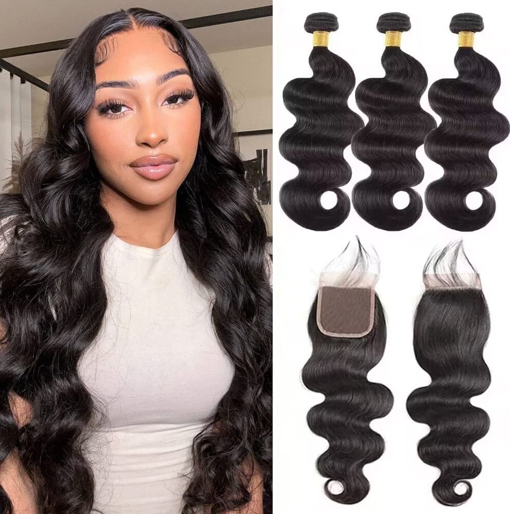 10A Brazilian Body Wave Bundles with Closure (14 16 18+12) 100% Unprocessed Weave 3 Bundles Human Hair with Closure Remy Virgin Hair Bundles with Lace Closure 150% Density Natural Color