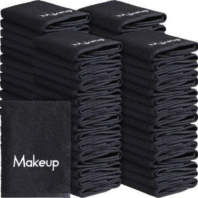 Chumia 72 Pcs Makeup Remover Cloths 13 x 13 Inch Makeup Towel Face Washcloths with Embroidery Black Reusable Washcloths Soft Cleansing Face Towel for Women