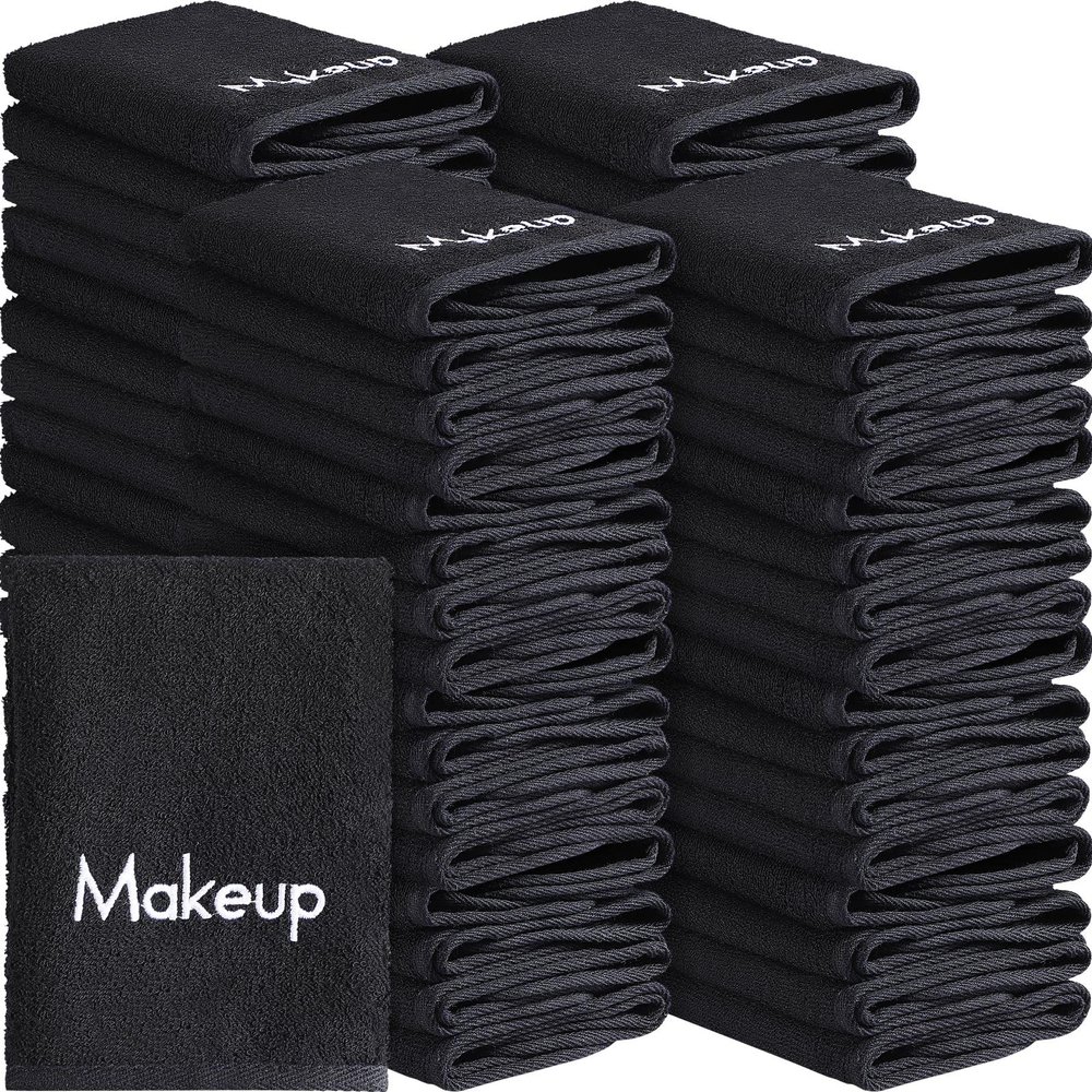Chumia 72 Pcs Makeup Remover Cloths 13 x 13 Inch Makeup Towel Face Washcloths with Embroidery Black Reusable Washcloths Soft Cleansing Face Towel for Women