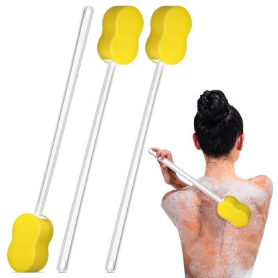 Yetene 3 Pieces Long Handle Sponge 22.4'' Back Sponge on a Stick Body Brush Handled Washer Scrubber for Foot Body Limited Motion(Yellow)