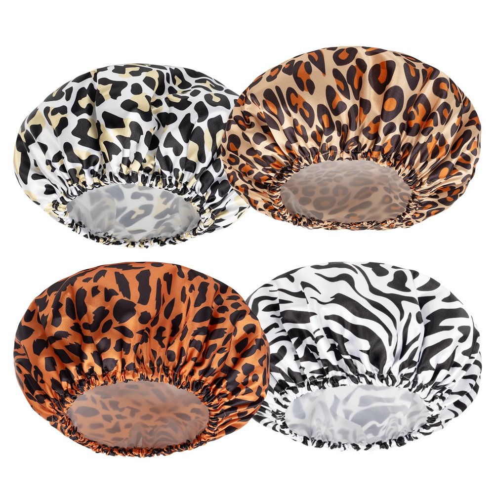 AmazerBath Shower Cap, 4 PCS Shower Caps for Women Reusable Waterproof, Double Layers Hair Cap for Shower, Elastic and Flexi Bath Caps, Environmental Protection Bathing Caps