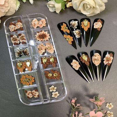 3D Acrylic Flower Nail Art Charms Handmade by Acrylic Powder - 15 colors, 24pcs Flowers Nail Rhinestones Kit 3D Crystal Nail Pearls Flat Design Acrylic Nail Art for Women Girls (Brown)