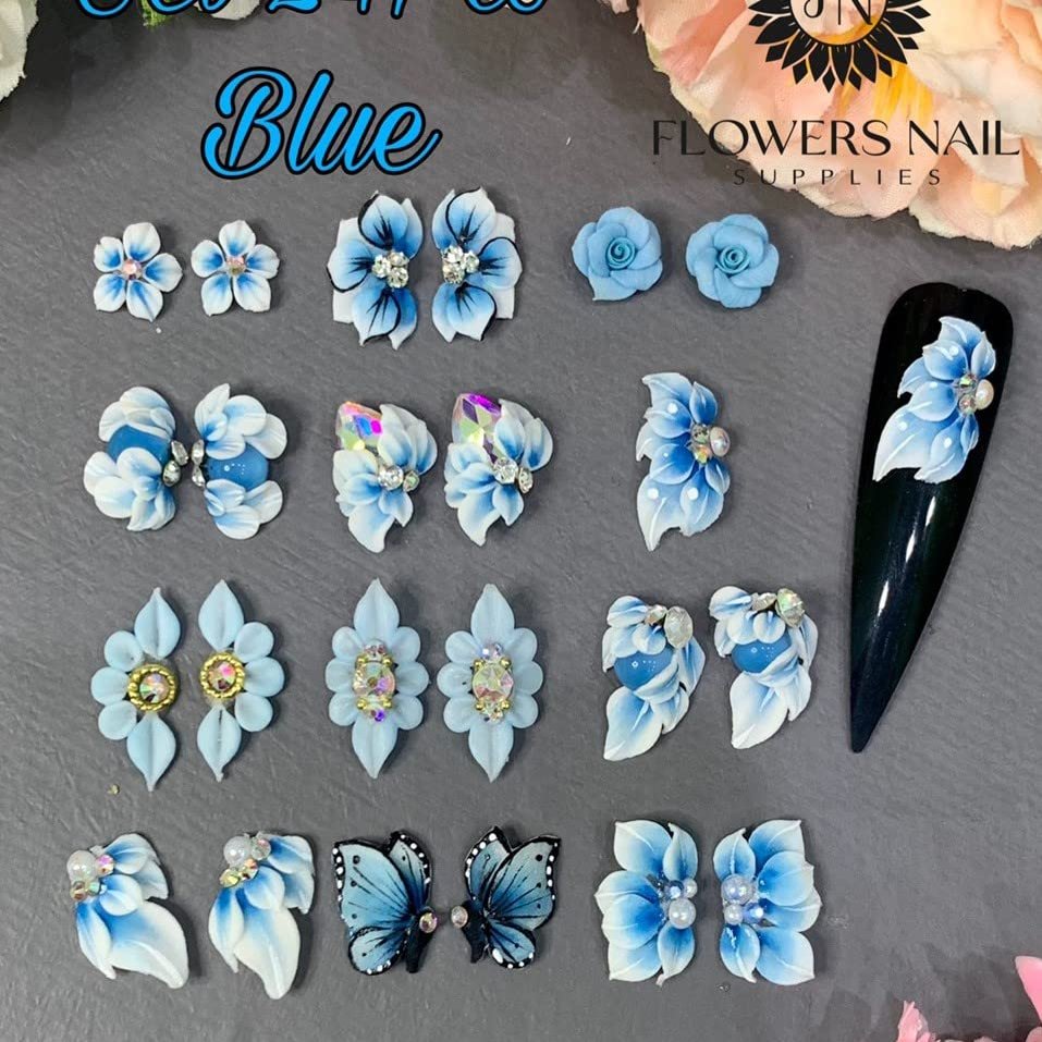 3D Acrylic Flower Nail Art Charms Handmade by Acrylic Powder - 15 colors, 24pcs Flowers Nail Rhinestones Kit 3D Crystal Nail Pearls Flat Design Acrylic Nail Art for Women Girls (BLue)