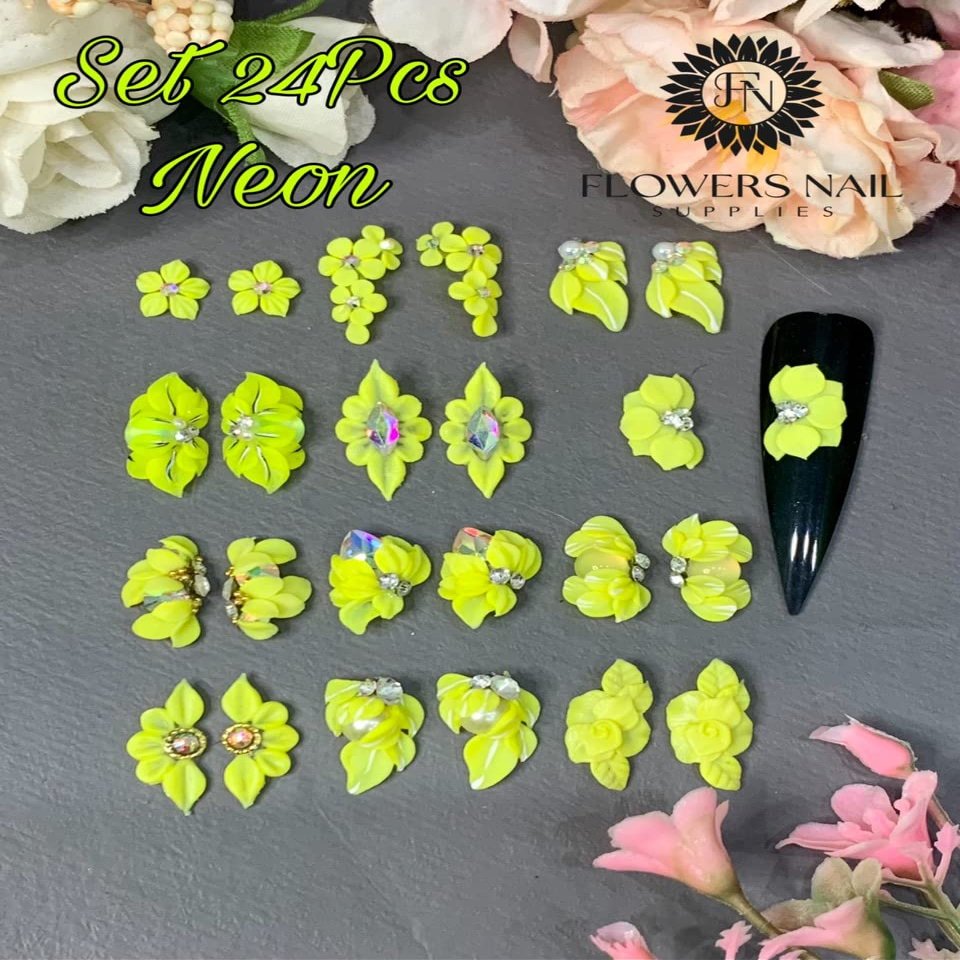 3D Acrylic Flower Nail Art Charms Handmade by Acrylic Powder - 15 colors, 24pcs Flowers Nail Rhinestones Kit 3D Crystal Nail Pearls Flat Design Acrylic Nail Art for Women Girls (Neol)