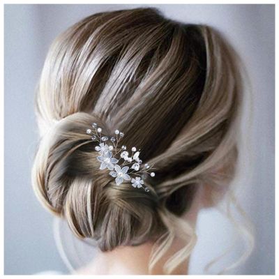 Allereyae Crystal Pearl Wedding Hair Comb Barrette Rhinestone Pearl Flower Hair Comb Barrette Silver CZ Flower Bling Bridal Headpieces French Pearl Head Comb Bride Hair Accessories for Women and Girls