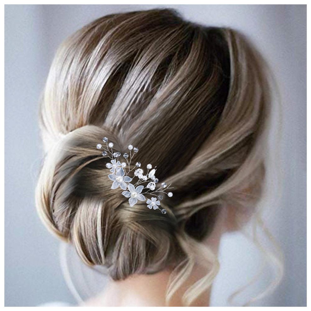 Allereyae Crystal Pearl Wedding Hair Comb Barrette Rhinestone Pearl Flower Hair Comb Barrette Silver CZ Flower Bling Bridal Headpieces French Pearl Head Comb Bride Hair Accessories for Women and Girls