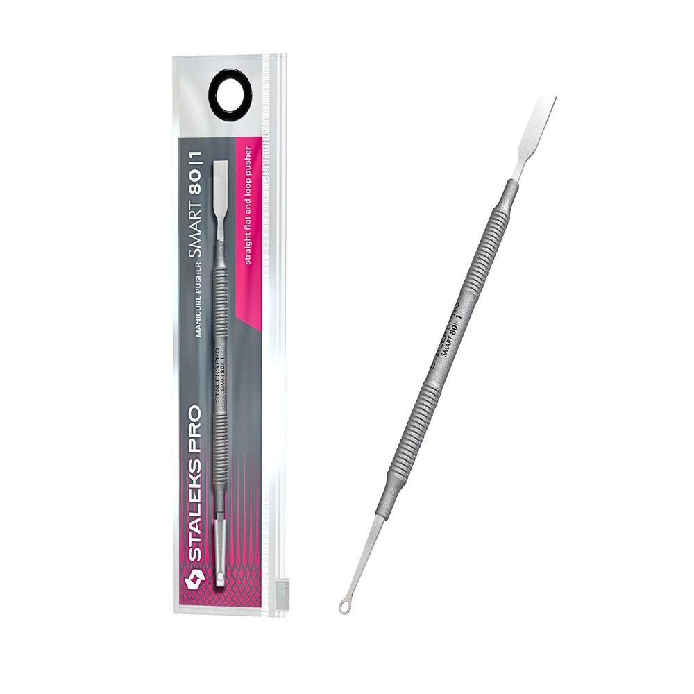 Staleks Pro Manicure Pusher SMART 80 Type 1  Flat Cuticle Pusher and Loop  Dual-Ended Stainless Steel Nail Tool