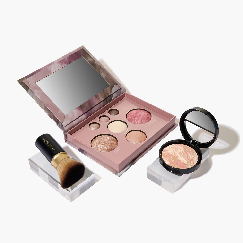 Baked Starter Kit: Baked Balance-n-Brighten Powder Foundation, Porcelain + Best of the Best Palette Blush Bronzer Highlighter Eyeshadow + Retractable Kabuki Brush