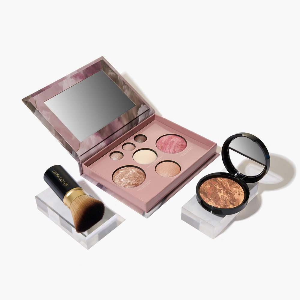 LAURA GELLER NEW YORK Baked Starter Kit: Baked Balance-n-Brighten Powder Foundation, Deep and Best of the Best Palette Blush Bronzer Highlighter Eyeshadow and Retractable Kabuki Brush