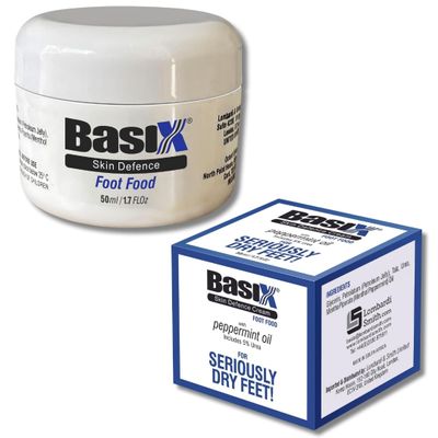 Basix Skin Defence Foot Food Repair Restore Tired Dry Feet Cracked Heels 5% Urea and Peppermint Oil Soothes Invigorates and Stimulates Tired Feet