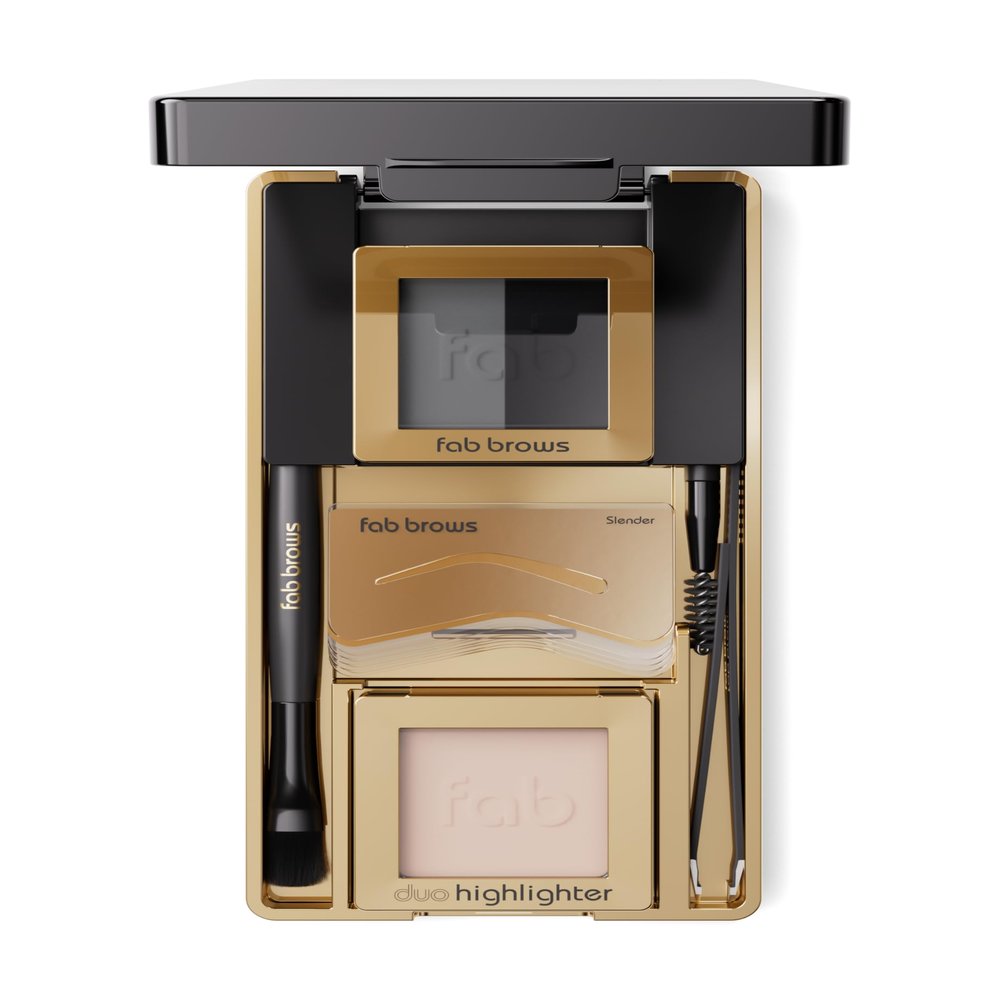 Fab Brows LUX Duo Stencil Eyebrow Kit - The Ultimate Brow Stencil Kit with Duo Brow Powder, Highlighter Powder, Stencil Shapes, Eyebrow Tools & Mirror - Eyebrow Stencil Kit Makeup - Slate/Black