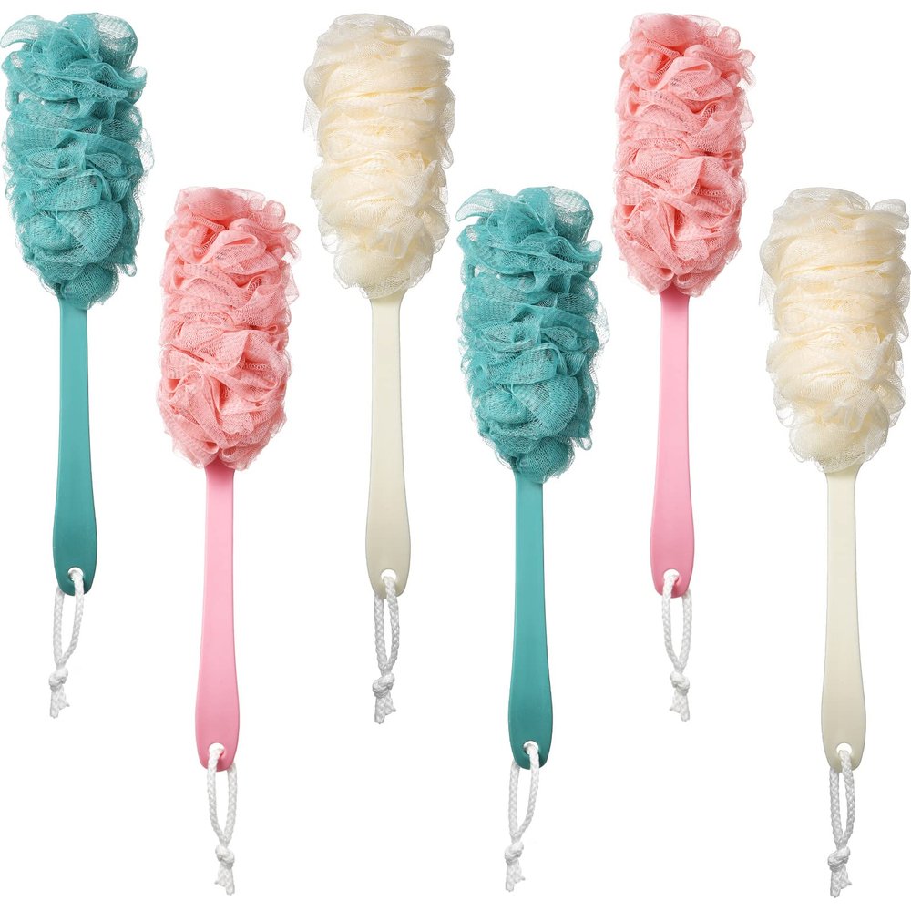 Mimorou 6 Pcs Loofah with Handle 17 Inch Long Handle Back Loofah for Shower, Loofah on a Stick for Men Women Elderly, Soft Bath Body Brushes Exfoliating Scrub Cleaning Luffa for Bathing, 3 Colors